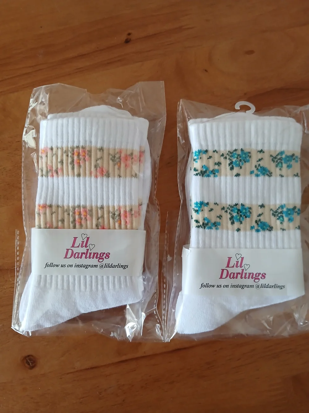 Darling White Ribbed Kids Socks with Peach and Blue Floral Bands